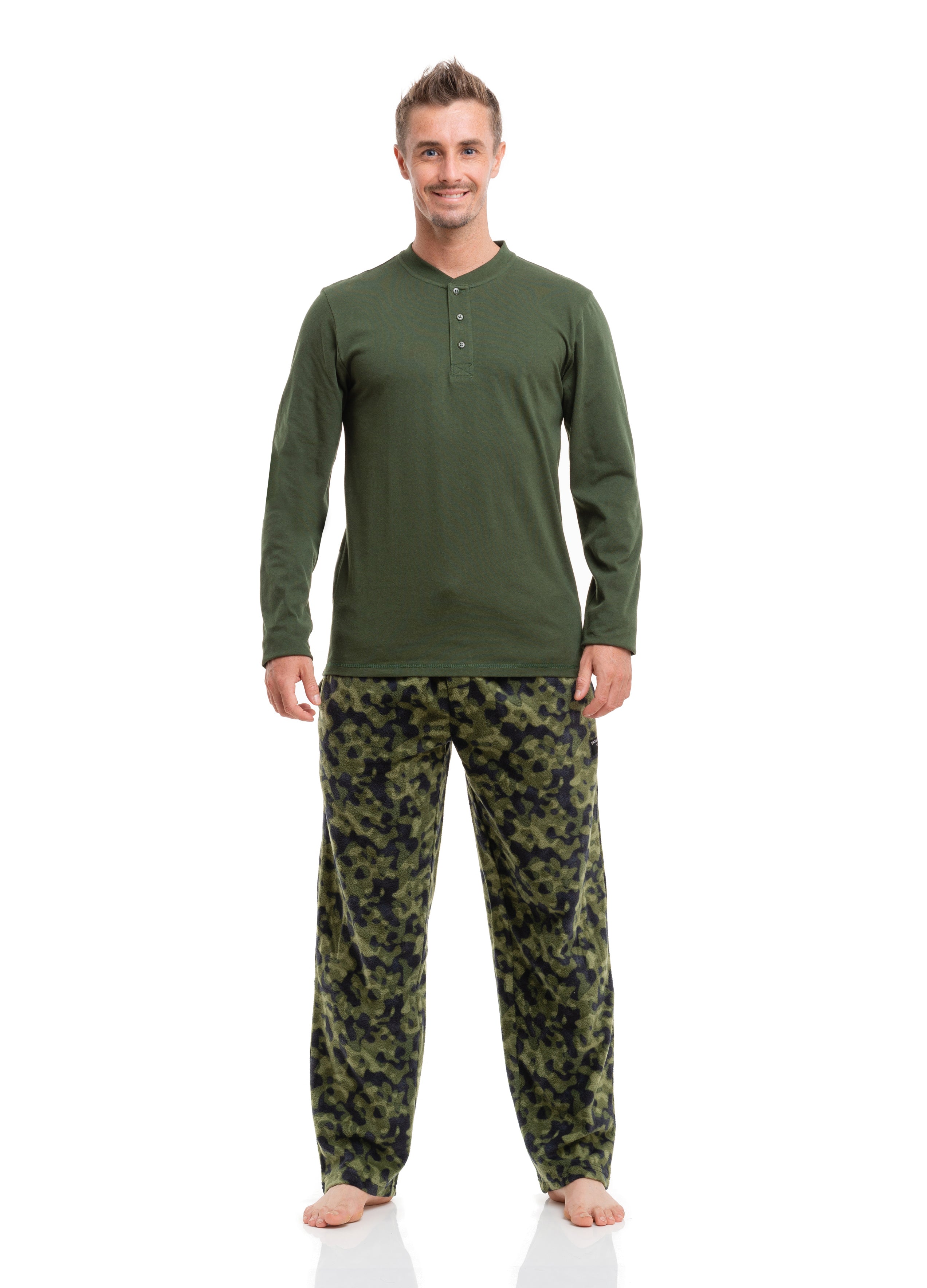 Men's Microfleece PJ Set | Pajama Pants with Henley Shirt | 2 Piece