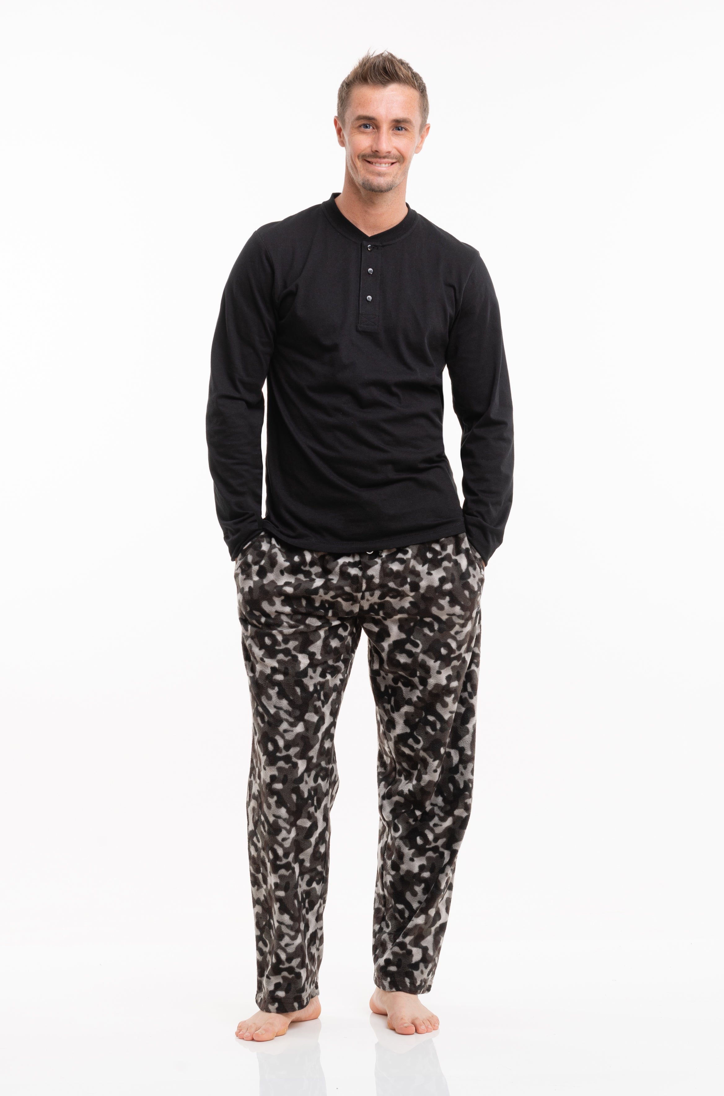 Men's Microfleece PJ Set | Pajama Pants with Henley Shirt | 2 Piece