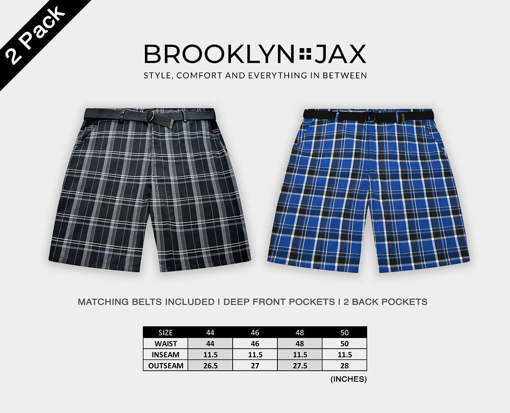 Men's Big and Tall Relaxed Fit Belted Plaid Casual Shorts | 2 Pack